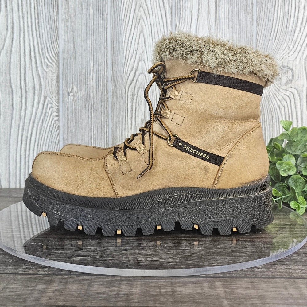 Y2K Skechers Leather Faux Fur Winter Boots Women's 7.5 Tan Chunky Sole Grunge